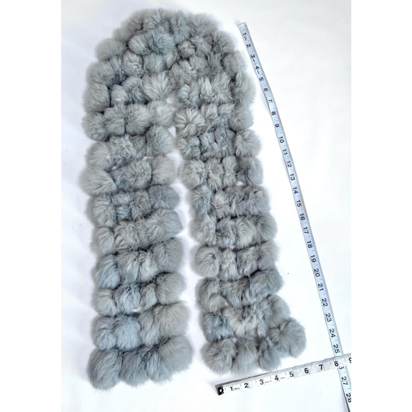 Women's Gray Genuine Fur Pom-Pom Scarf Wrap - Picture 5 of 9